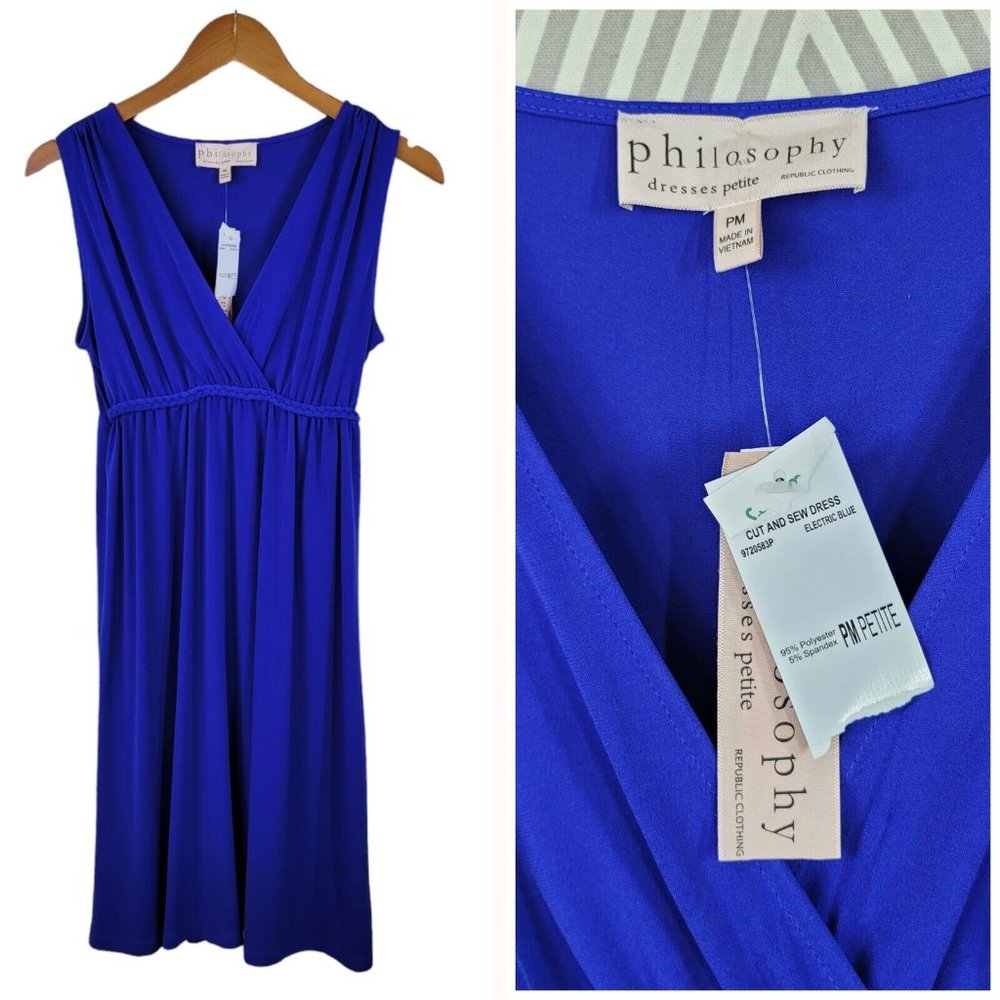 New Philosophy size Medium Petite Shirt Dress Stretch Midi Blue Casual Wrap Top
